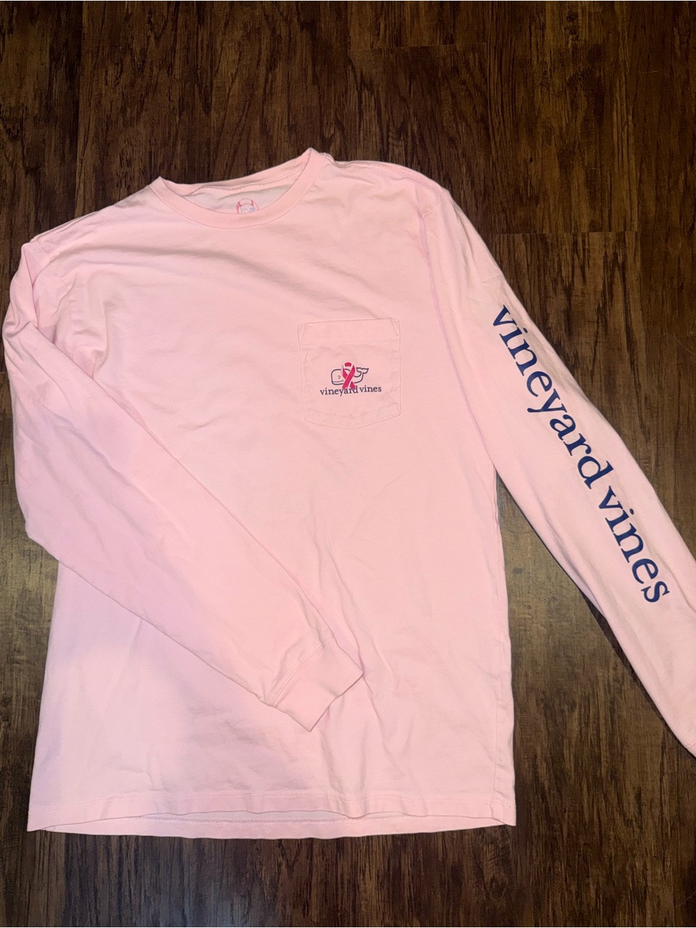 Vineyard Vines Light Pink Long-Sleeve Pocket Tee with Navy Sleeve Logo